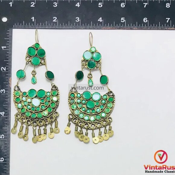 Green Glass Stone Kuchi Earrings: Tribal Tassel Dangle Jewelry - Picture 3 of 6